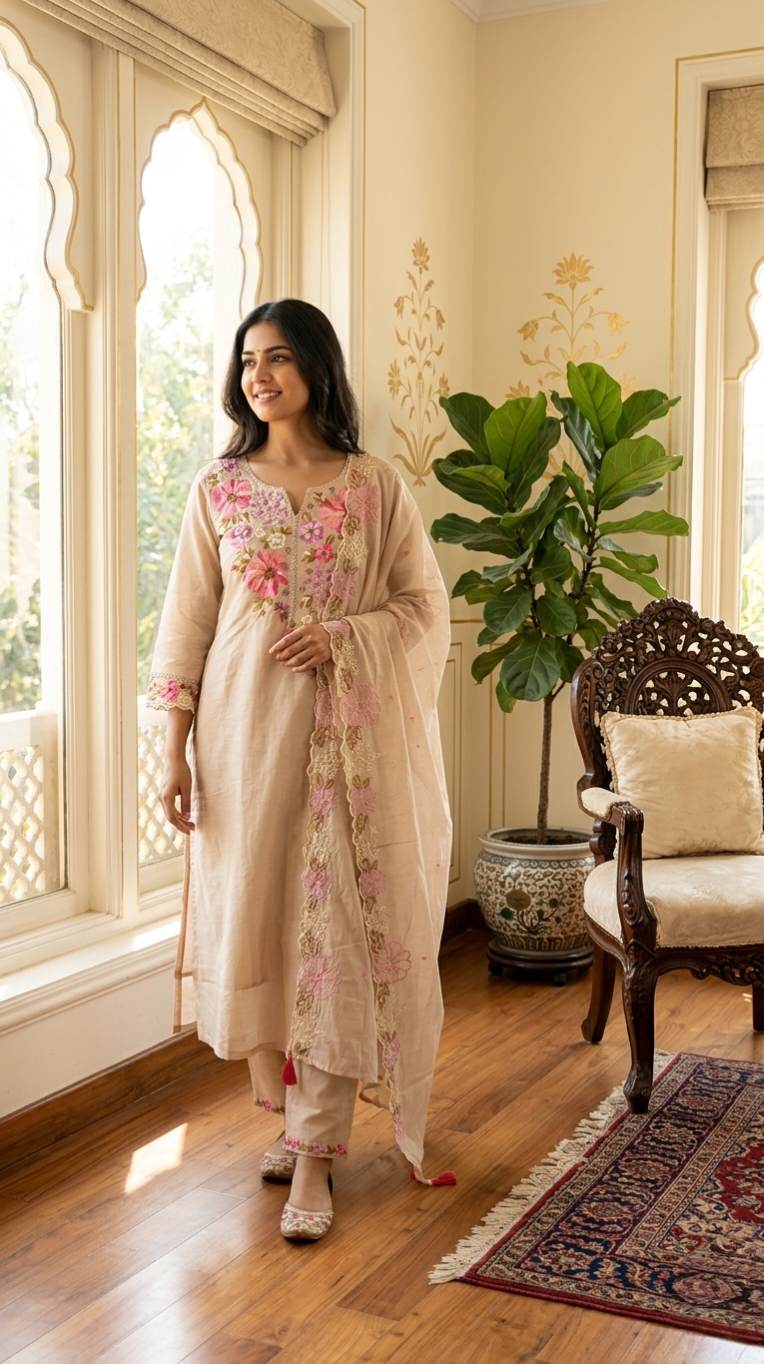 Women Beige Thread & Beads Embroidered Cotton Kurta Pant Dupatta Set