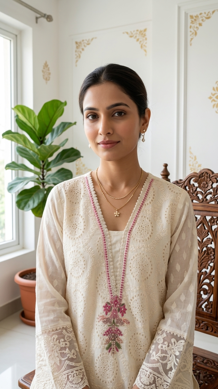 Women Off White Embroidered Cotton Kurta Pant Dupatta Set