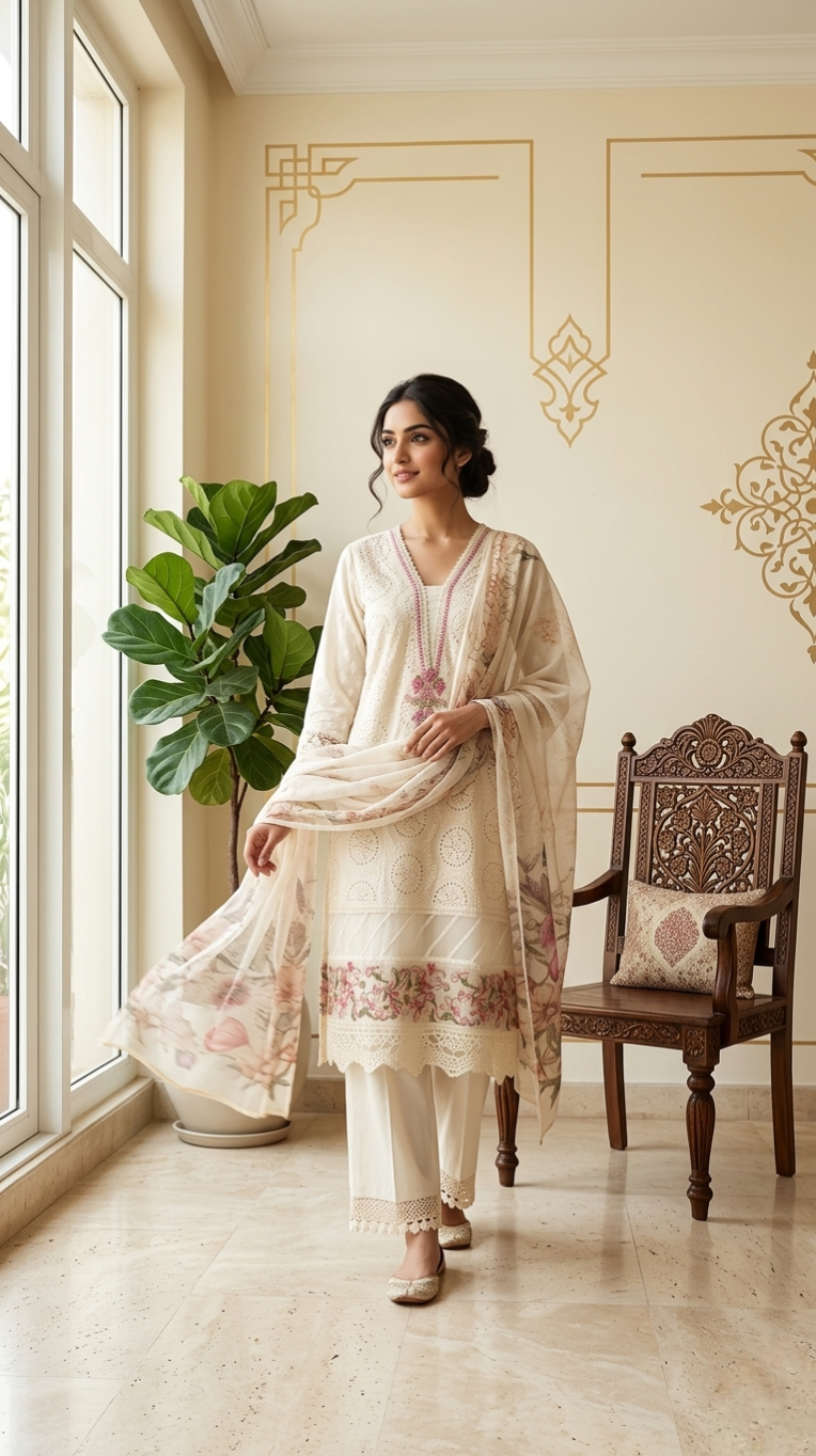 Women Off White Embroidered Cotton Kurta Pant Dupatta Set