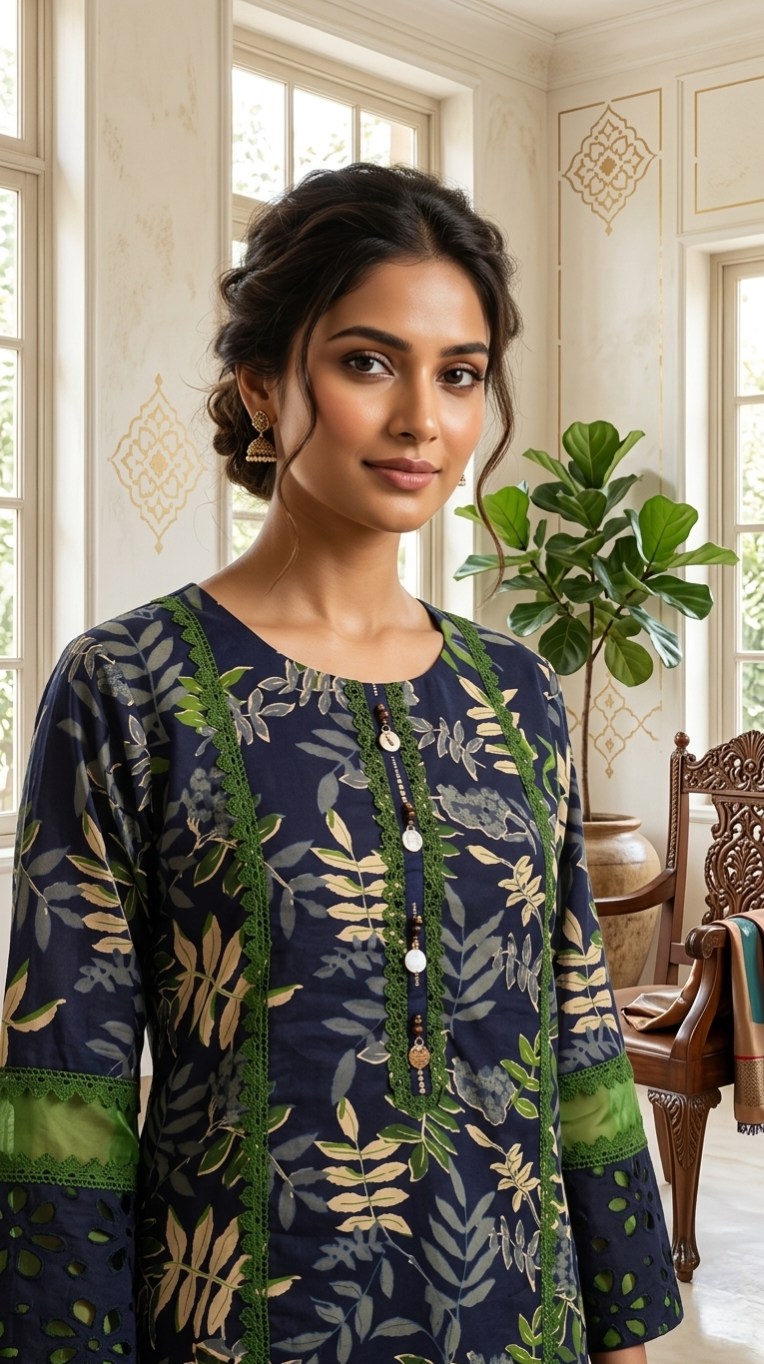 Women Multicolour Lace Work With Printed Cotton Kurta Pant Dupatta Set