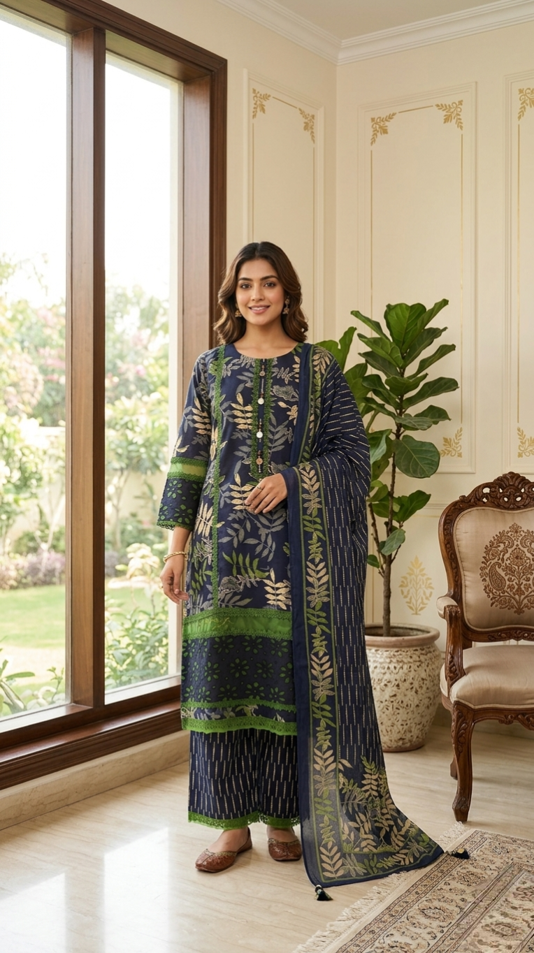 Women Multicolour Lace Work With Printed Cotton Kurta Pant Dupatta Set