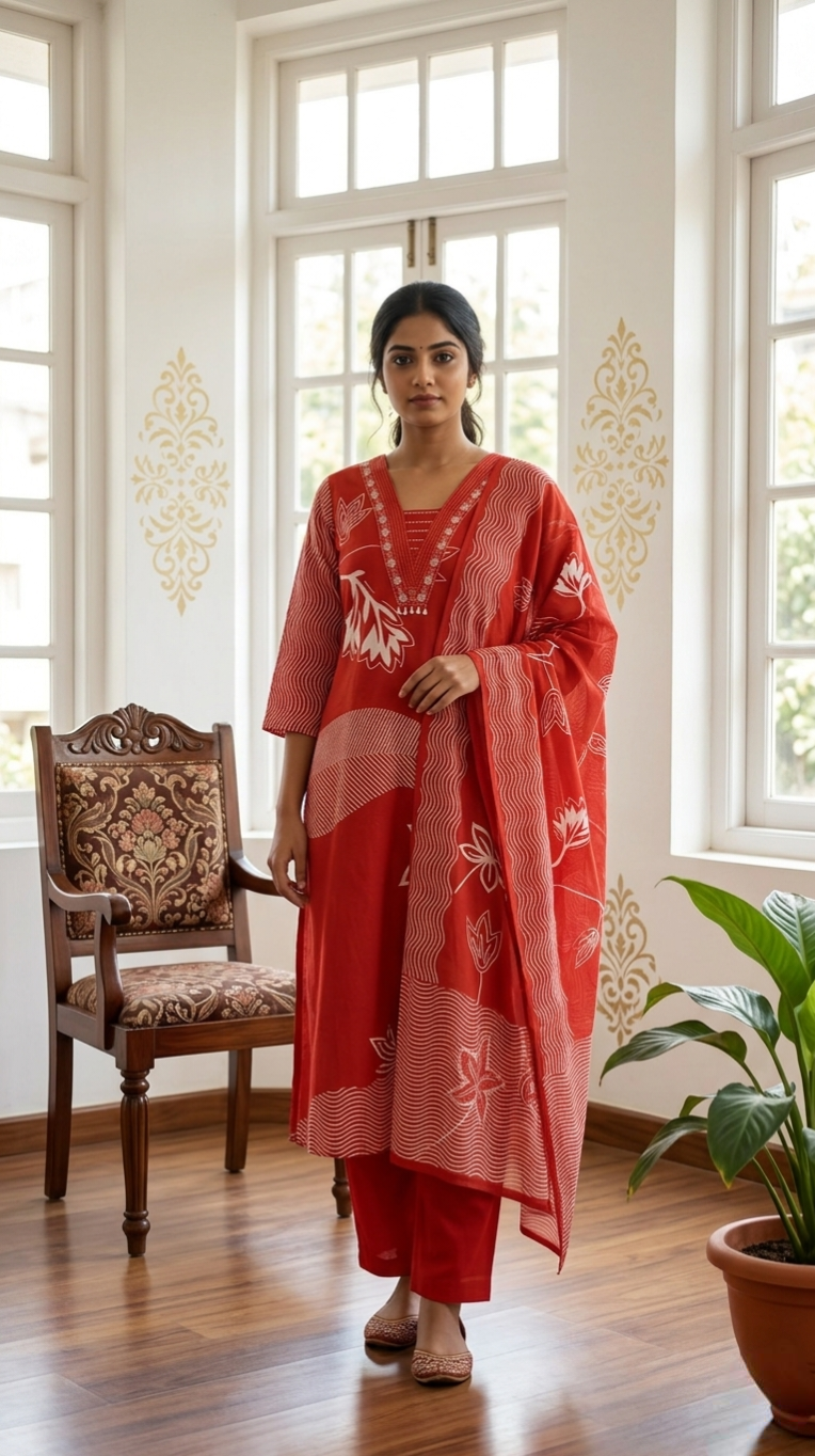 Women Orange Thread Embroidered Cotton Kurta Pant Dupatta Set