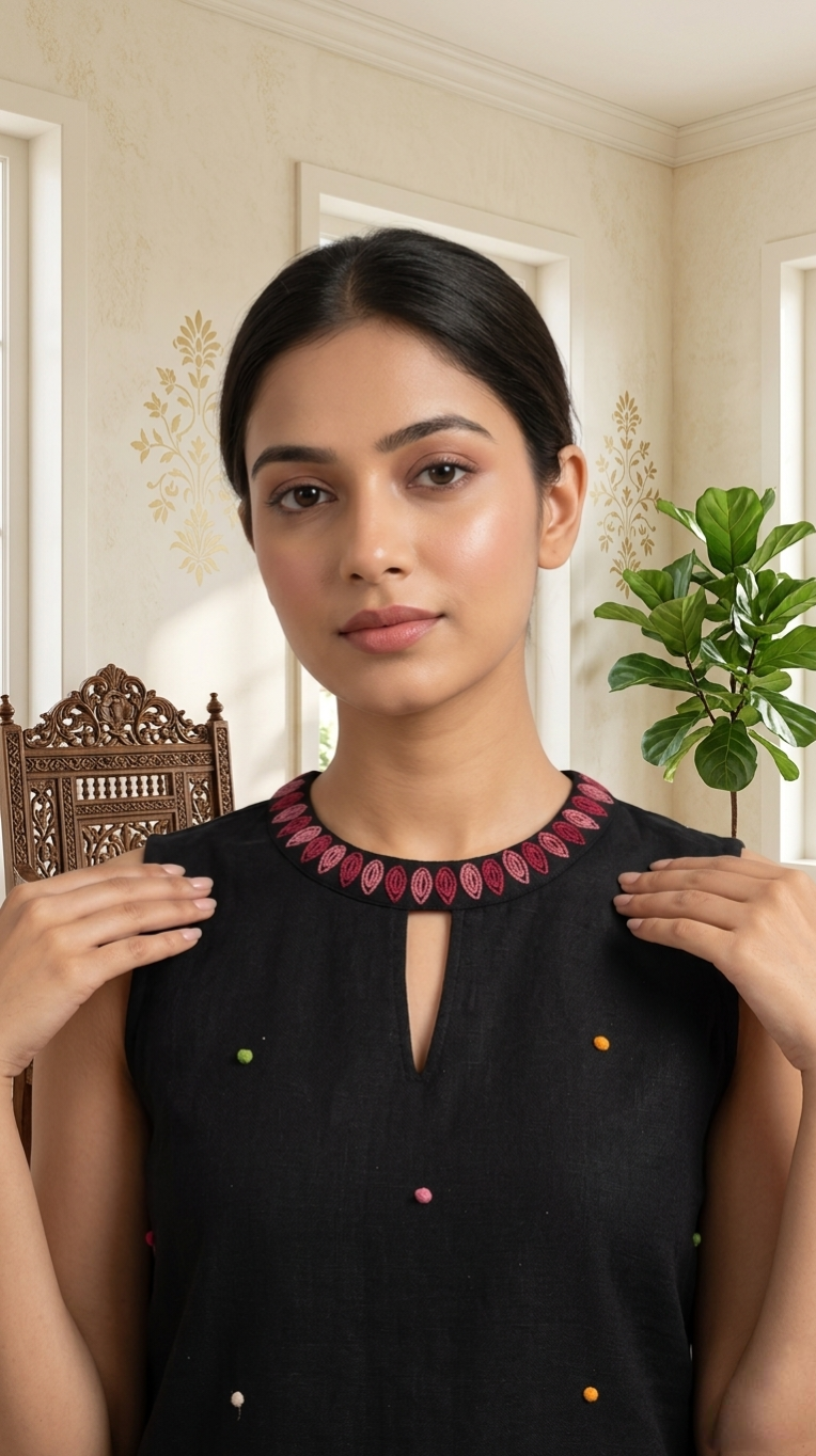 Women Black Thread Embroidered Cotton Kurta Pant Dupatta Set