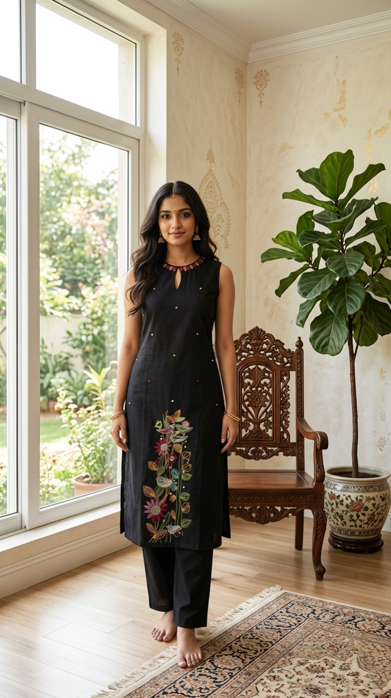 Women Black Thread Embroidered Cotton Kurta Pant Dupatta Set