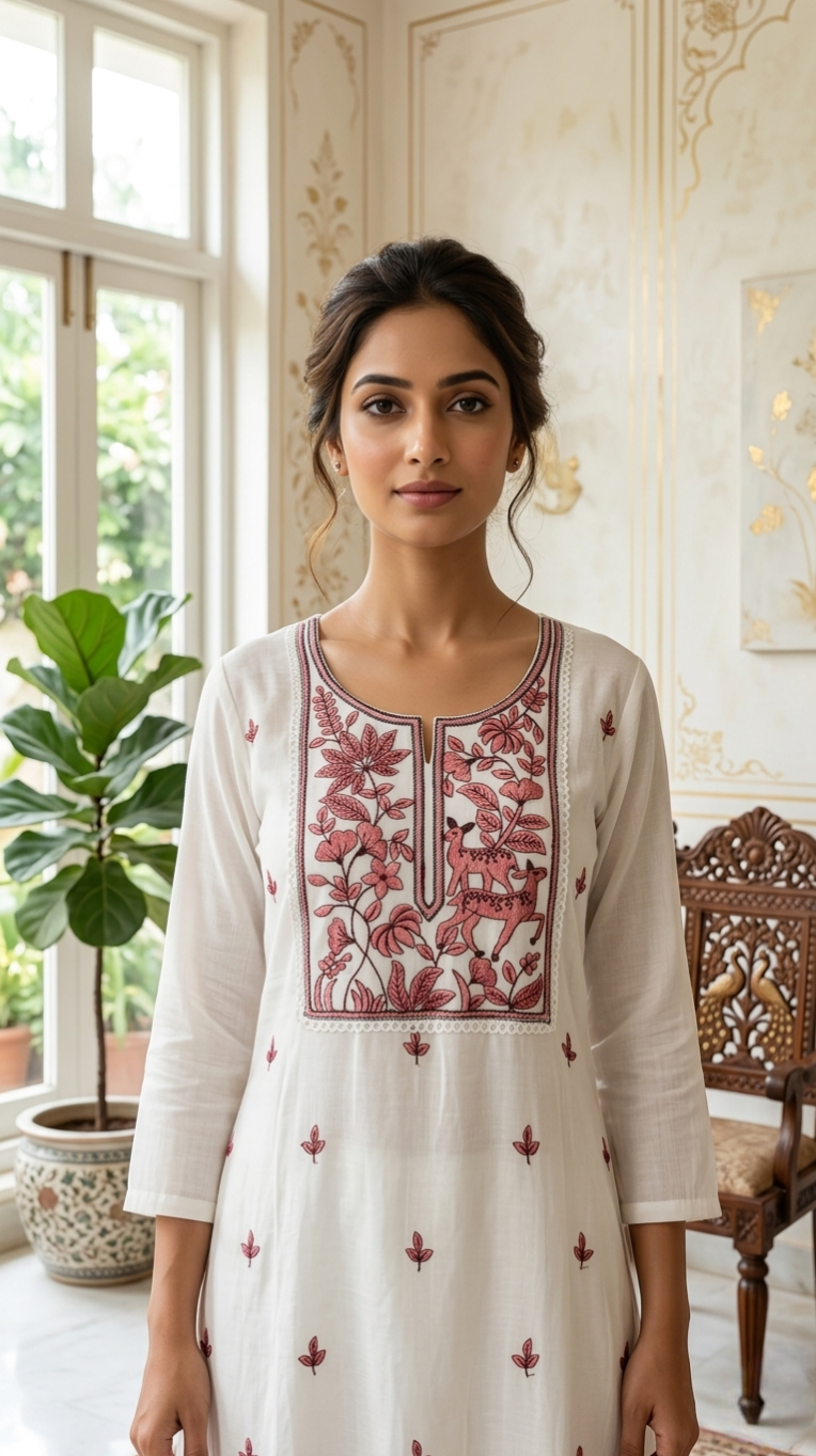 Women White Thread Embroidered Cotton Silk Kurta Pant Dupatta Set