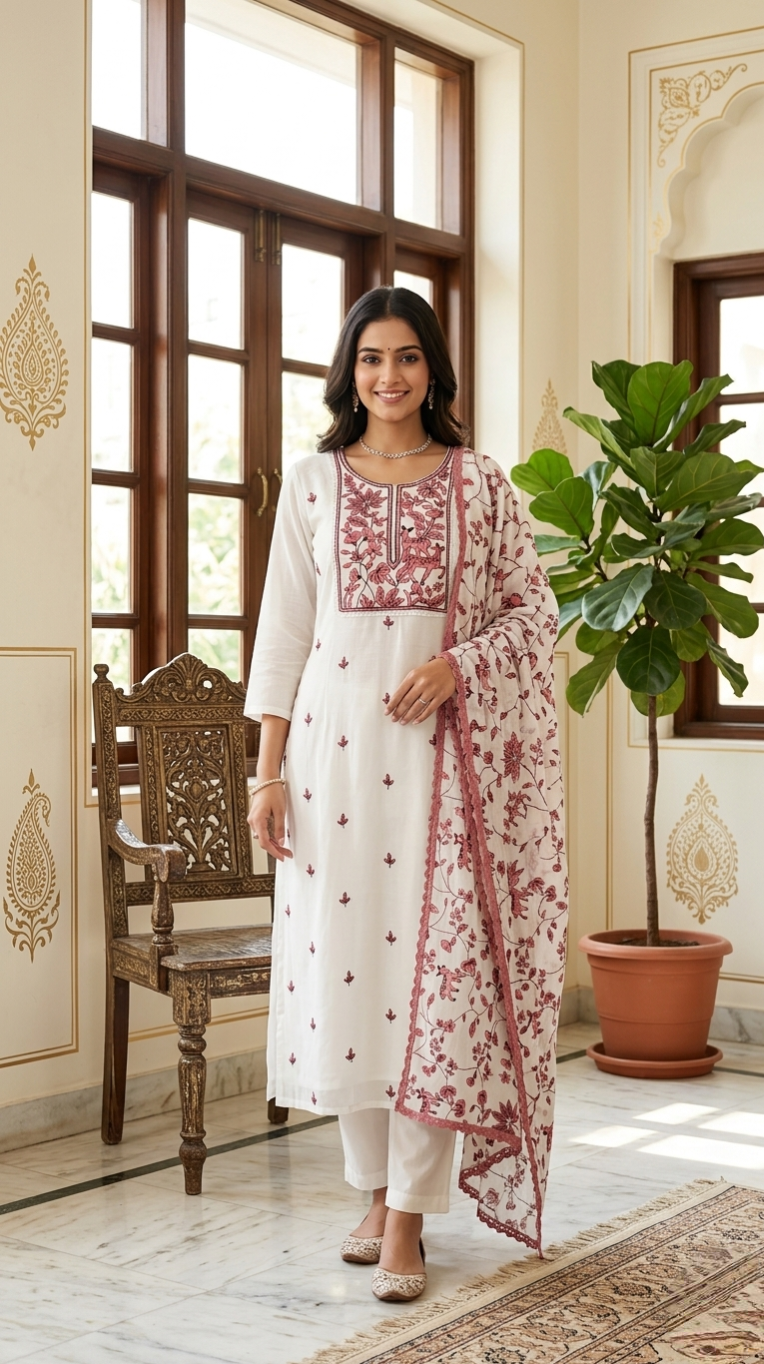 Women White Thread Embroidered Cotton Silk Kurta Pant Dupatta Set