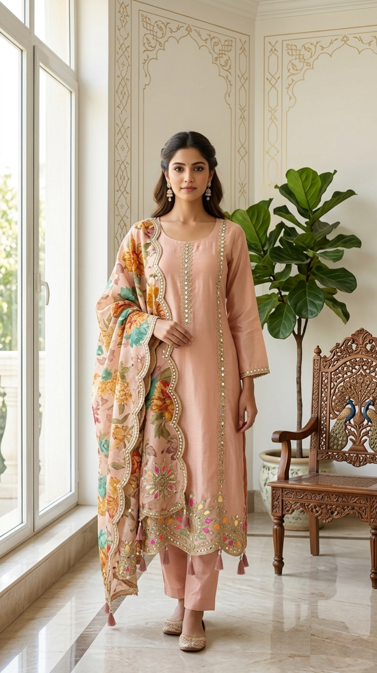 Women Pink Original Mirror Zari Embroidered Chanderi Silk Kurta Pant Dupatta Set