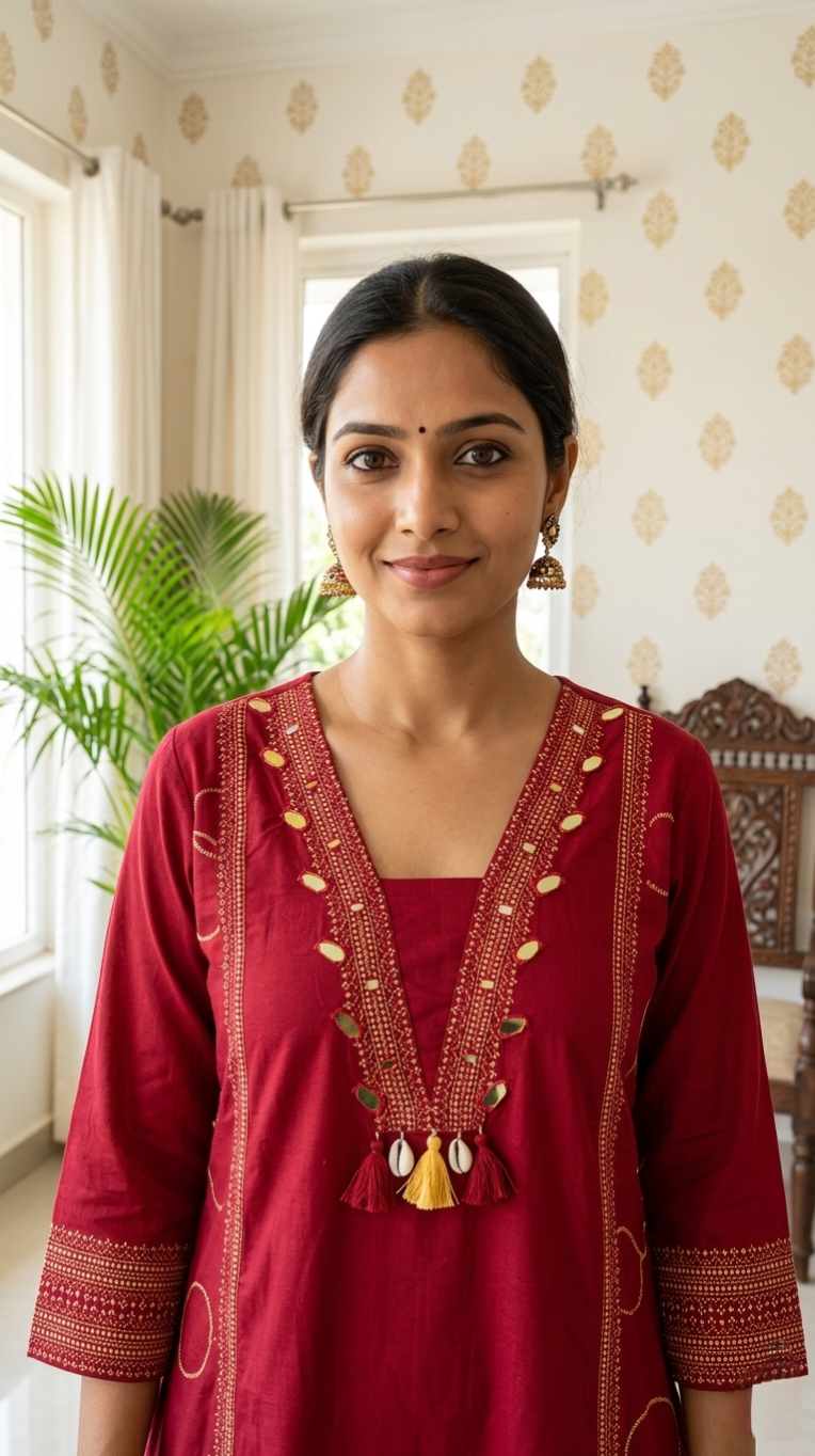 Women Red Mirror Embroidered Cotton Kurta Pant Dupatta Set