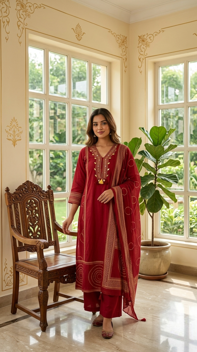 Women Red Mirror Embroidered Cotton Kurta Pant Dupatta Set