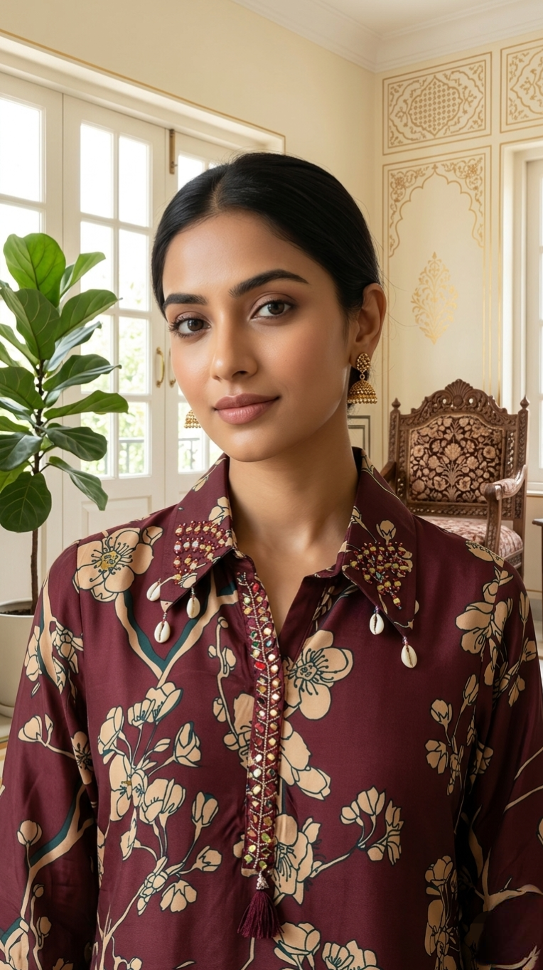 Women Marron Original Mirror Embroidered Silk Cordset