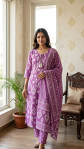 Women Wine Printed Cotton Kurta Pant Dupatta Set