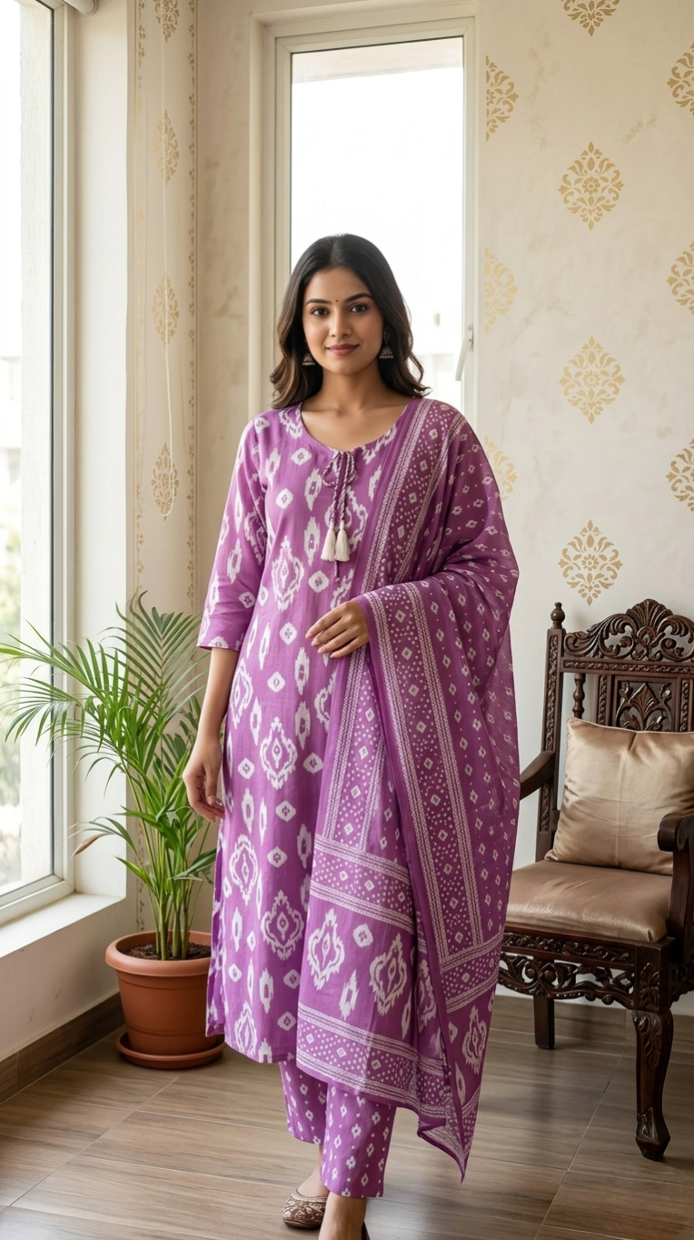 Women Wine Printed Cotton Kurta Pant Dupatta Set