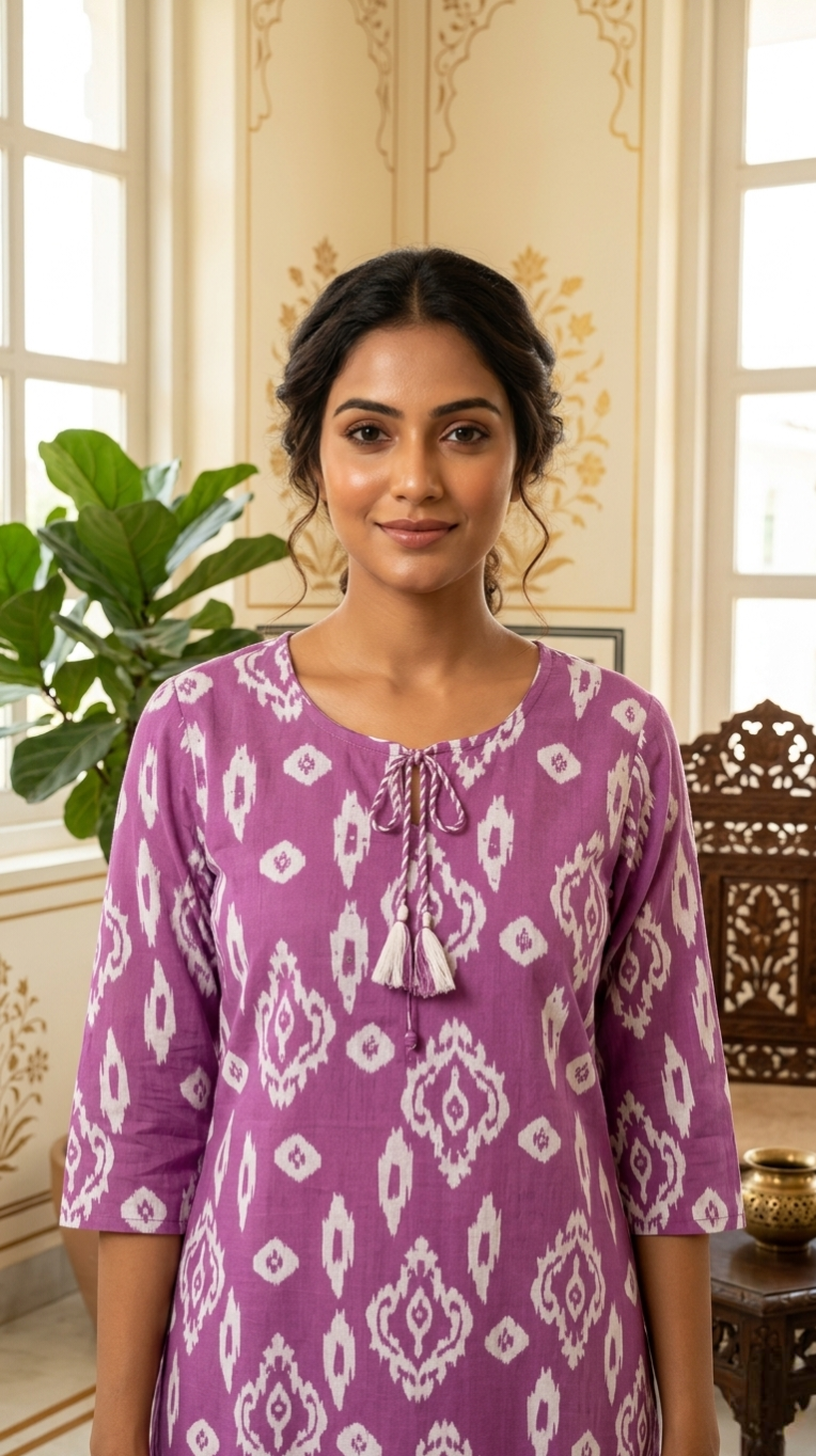 Women Wine Printed Cotton Kurta Pant Dupatta Set
