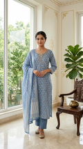Women Sky Blue Printed With Thread Embroidered Cotton Kurta Pant Dupatta Set