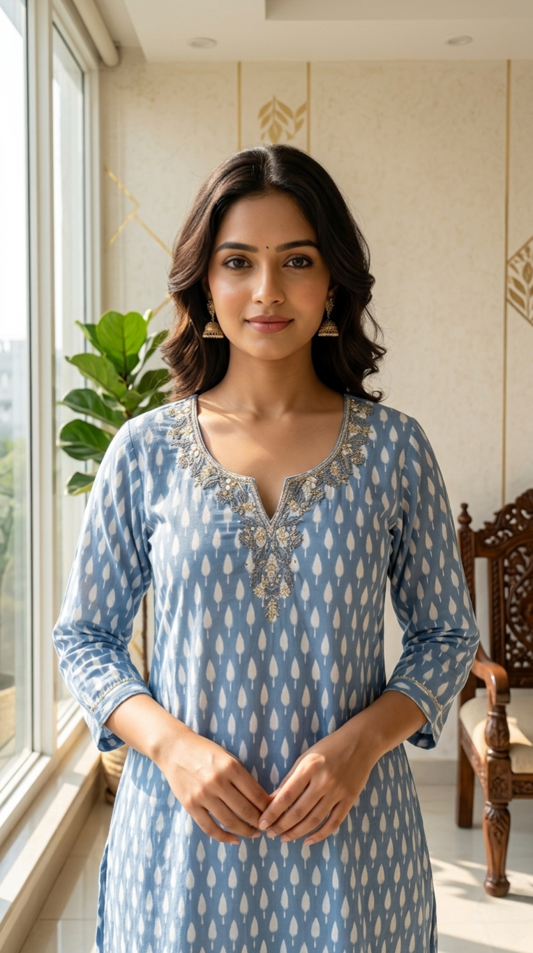 Women Sky Blue Printed With Thread Embroidered Cotton Kurta Pant Dupatta Set