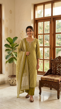 Women Light Green Printed With Thread Embroidered Cotton Kurta Pant Dupatta Set