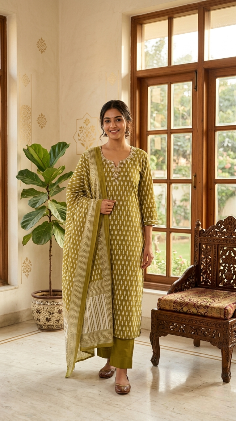 Women Light Green Printed With Thread Embroidered Cotton Kurta Pant Dupatta Set