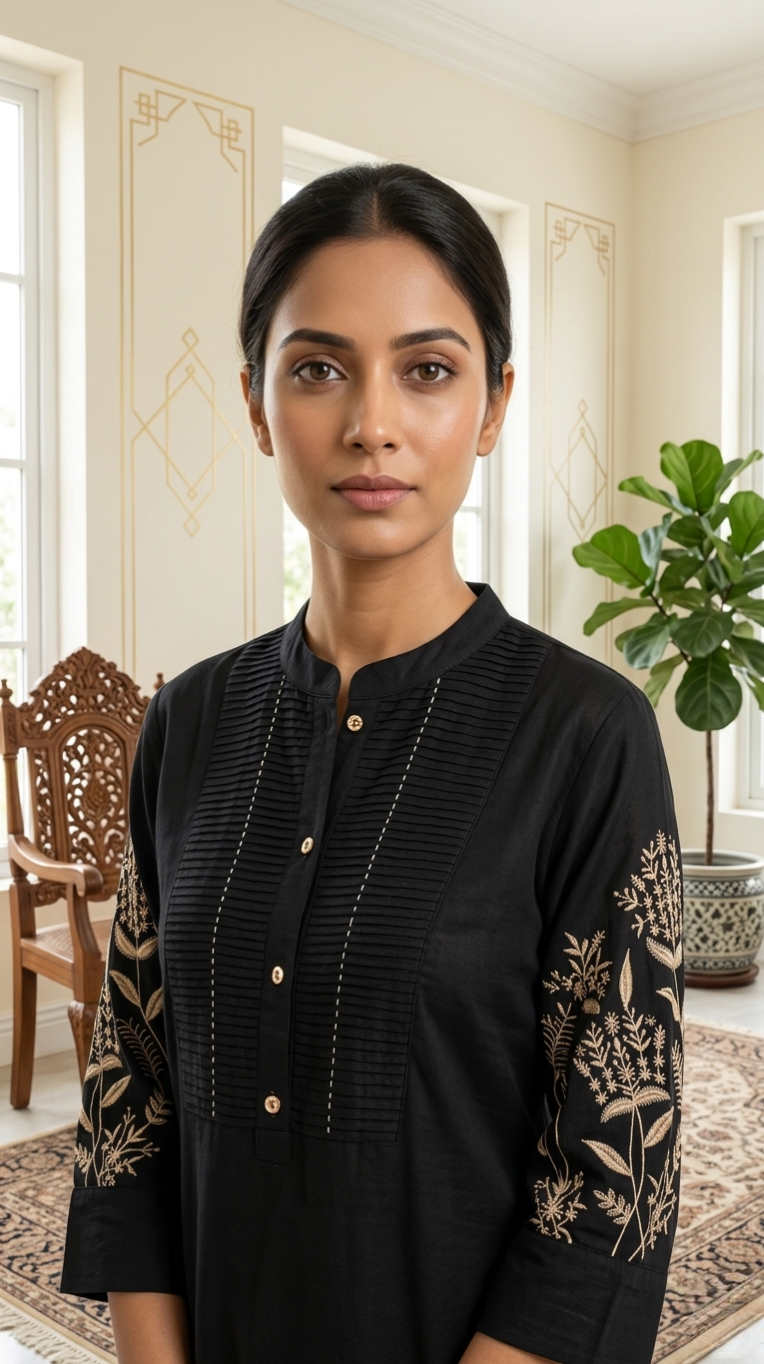 Women Black Printex Thread Embroidered Cotton Kurta Pant Dupatta Set