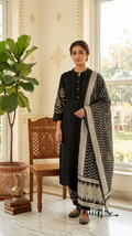 Women Black Printex Thread Embroidered Cotton Kurta Pant Dupatta Set