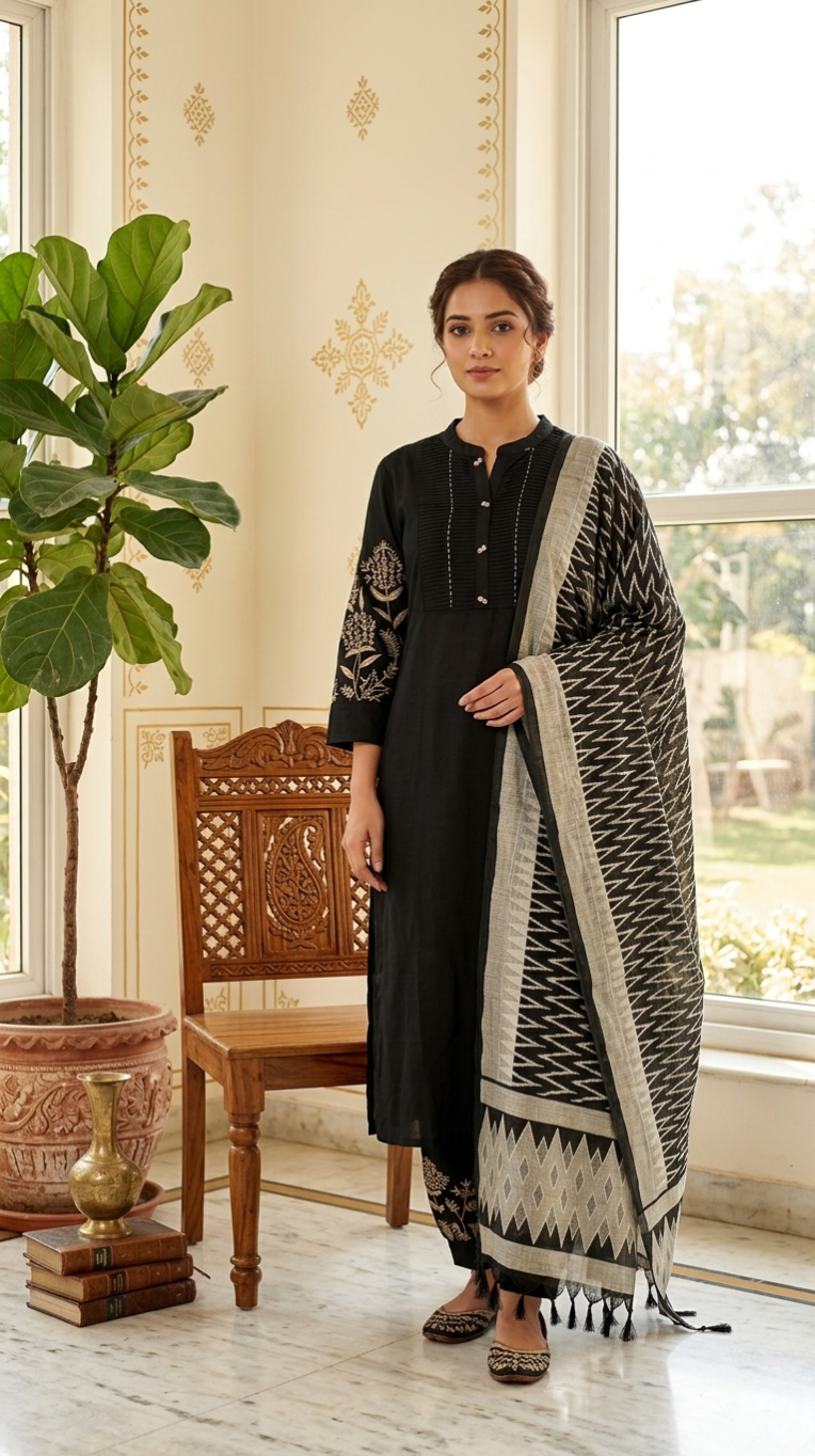 Women Black Printex Thread Embroidered Cotton Kurta Pant Dupatta Set