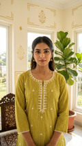 Women Olive Green Thread Embroidered Cotton Kurta Pant Dupatta Set