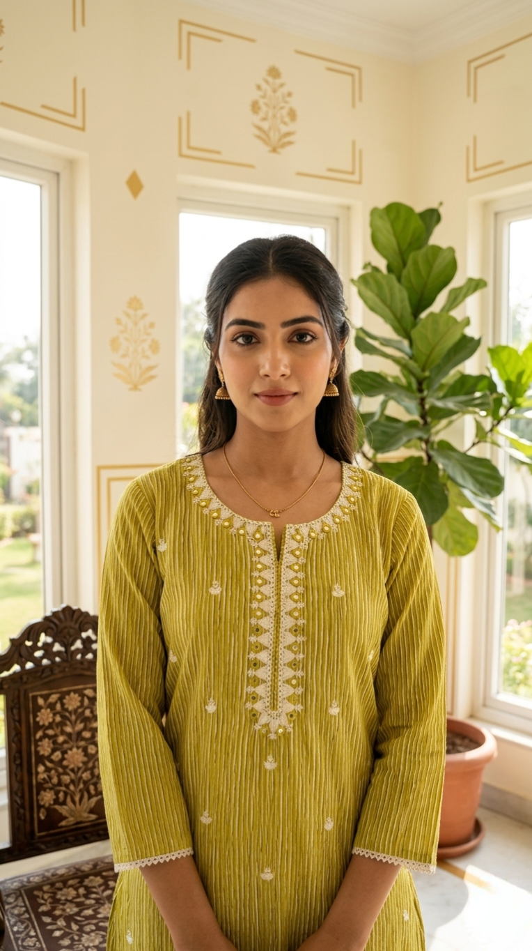 Women Olive Green Thread Embroidered Cotton Kurta Pant Dupatta Set
