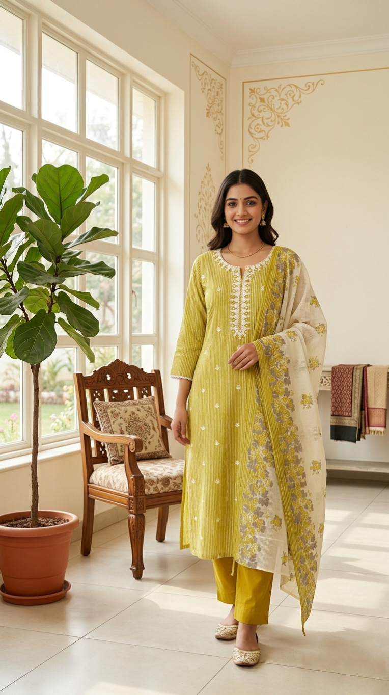 Women Olive Green Thread Embroidered Cotton Kurta Pant Dupatta Set