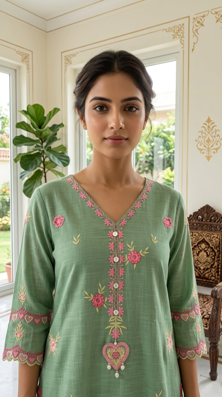 Women Pista Green Thread Embroidered Cotton Kurta Pant Dupatta Set