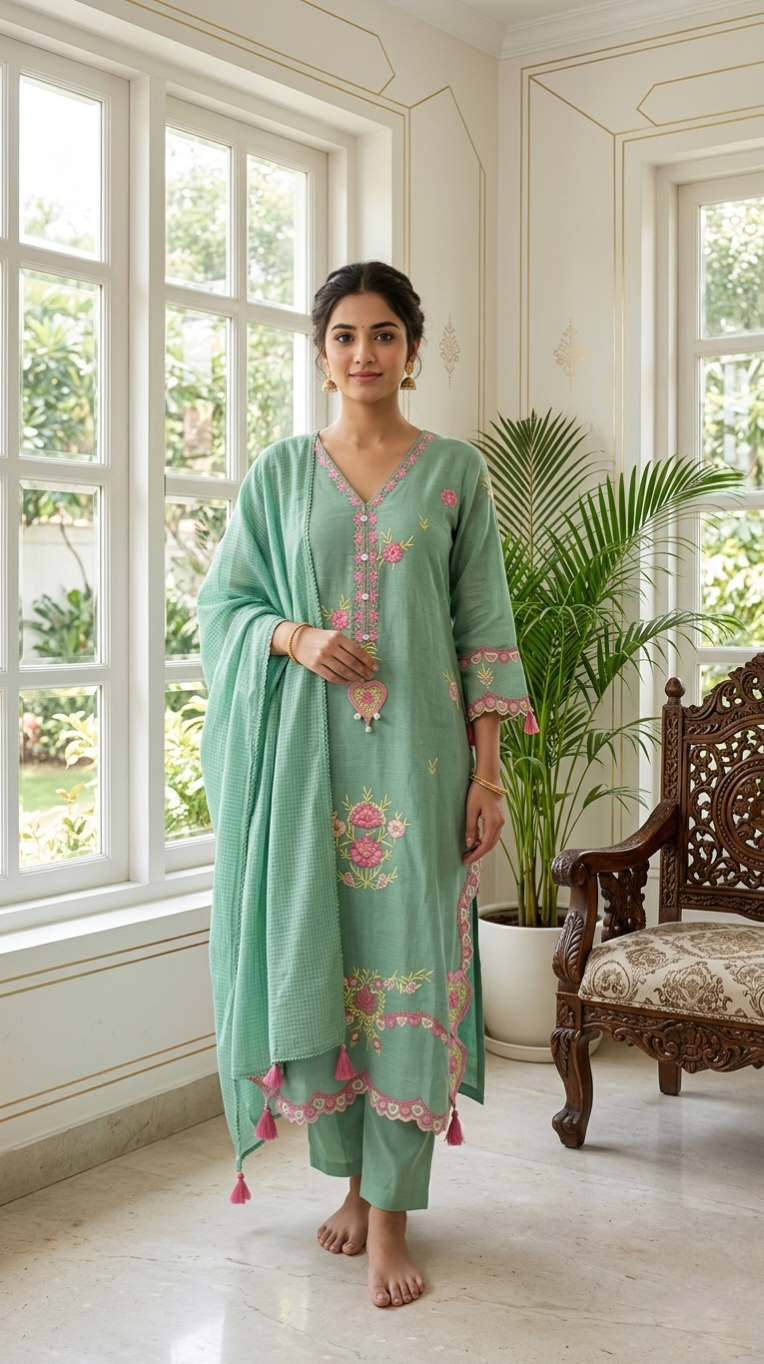 Women Pista Green Thread Embroidered Cotton Kurta Pant Dupatta Set