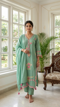 Women Pista Green Thread Embroidered Cotton Kurta Pant Dupatta Set