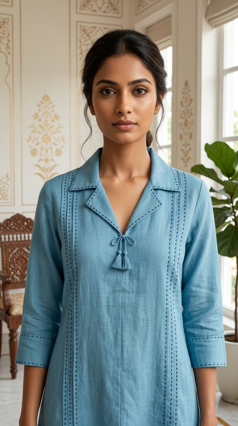 Women Sky Blue Thread Work Cotton Coord Set