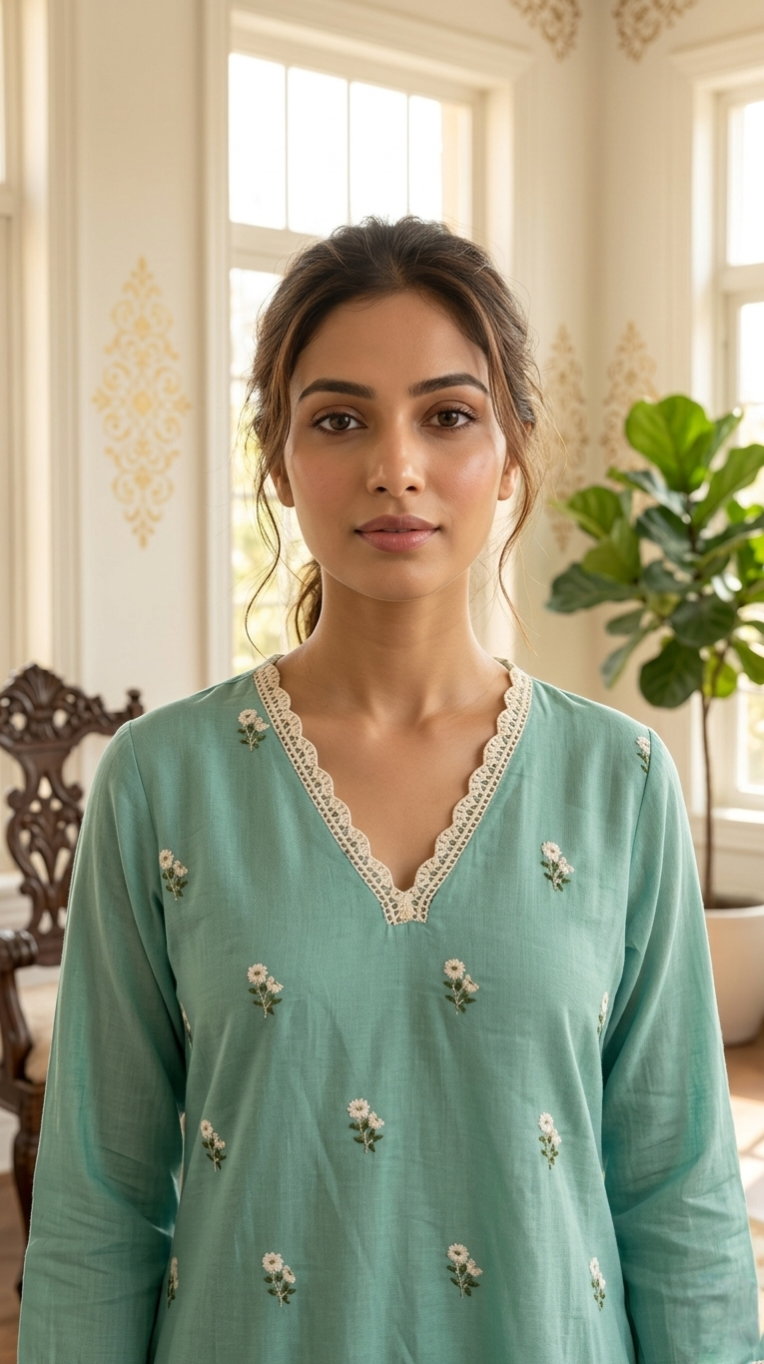 Women Sky Blue Thread Embroidered Cotton Kurta Pant Dupatta Set