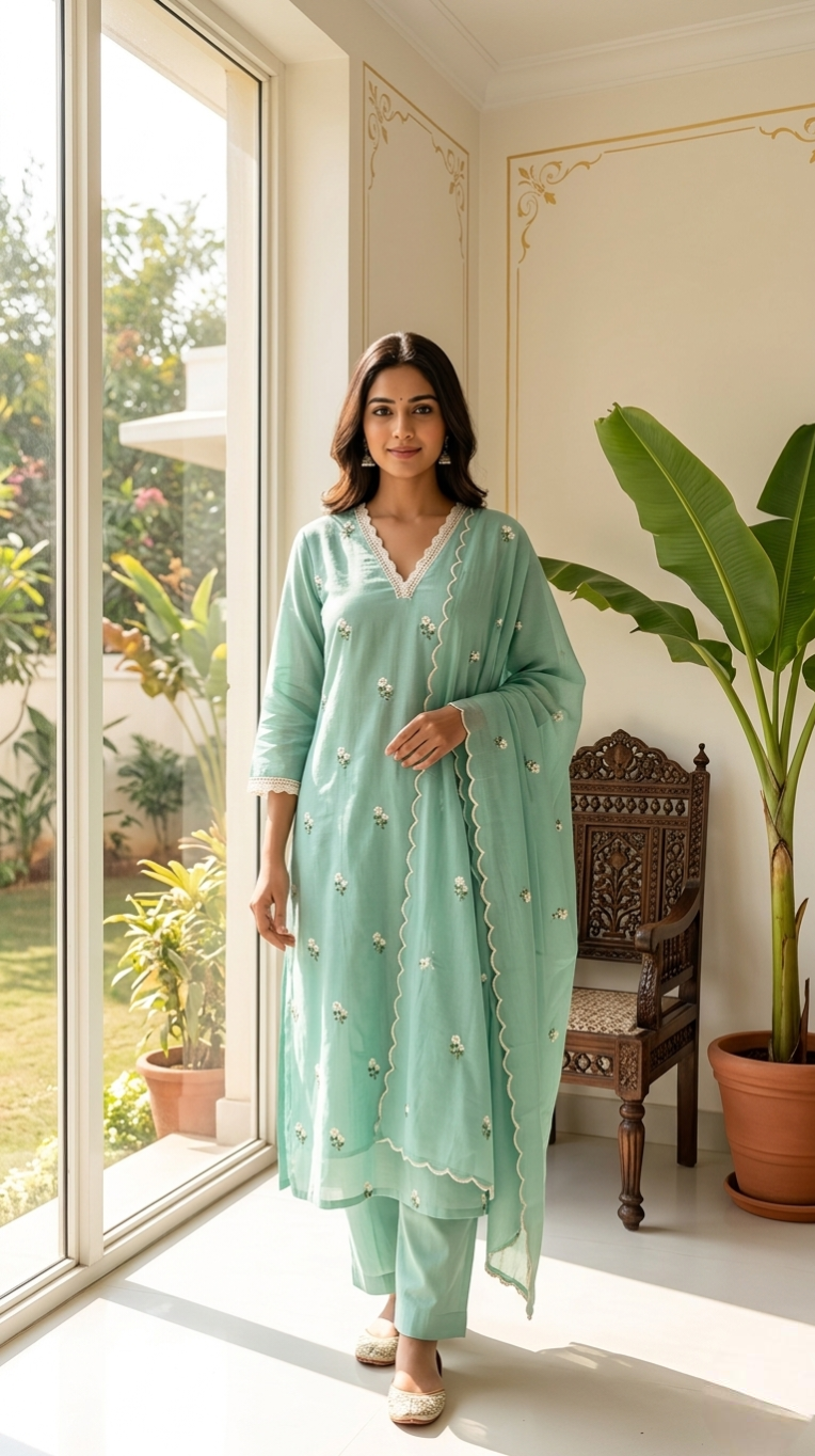 Women Sky Blue Thread Embroidered Cotton Kurta Pant Dupatta Set
