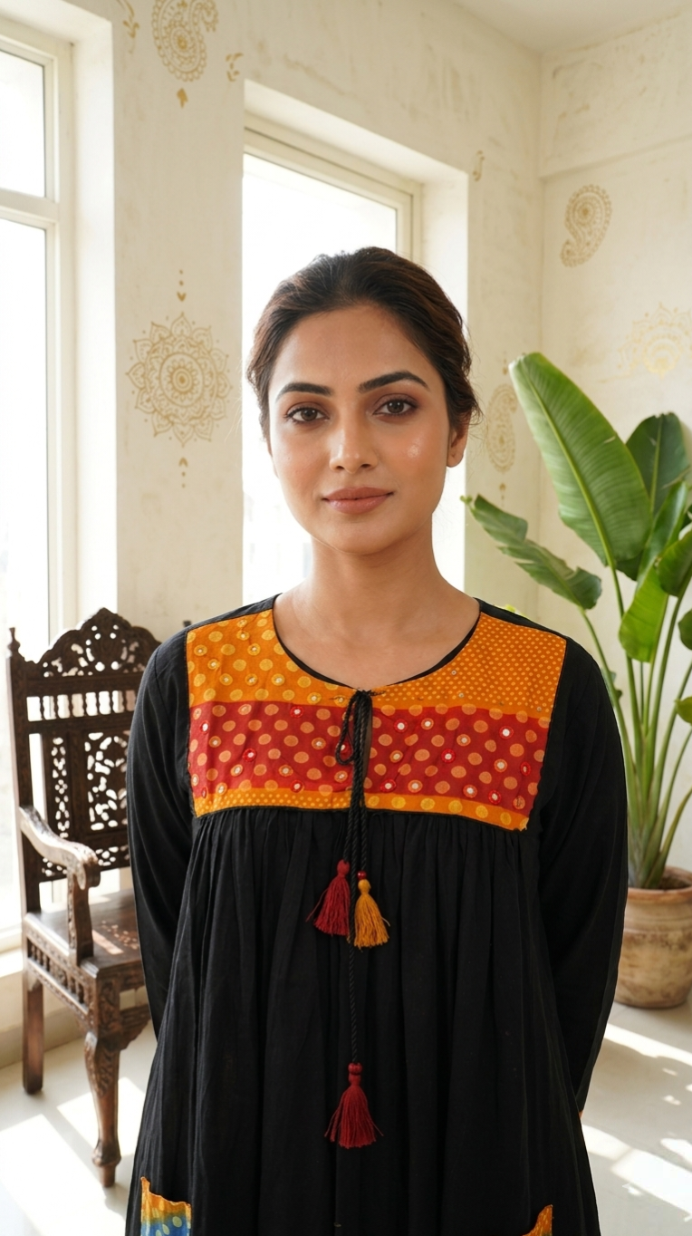 Women Black Mirror Embroidered Cotton Kurta Pant Dupatta Set