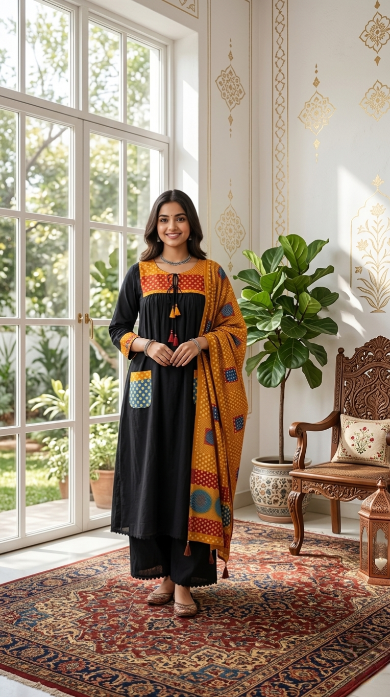 Women Black Mirror Embroidered Cotton Kurta Pant Dupatta Set
