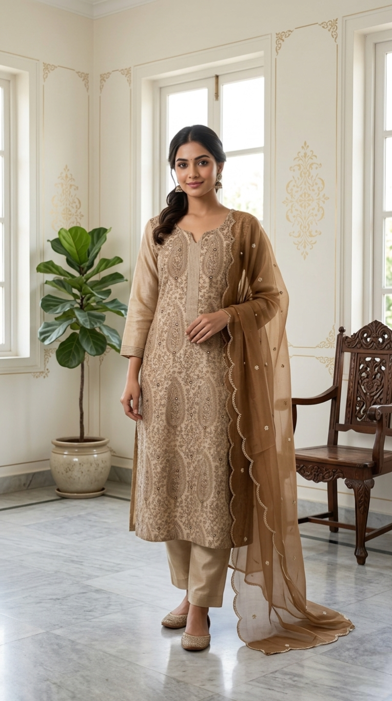 Women Beige Thread Work Chanderi Silk Kurta Pant Dupatta Set