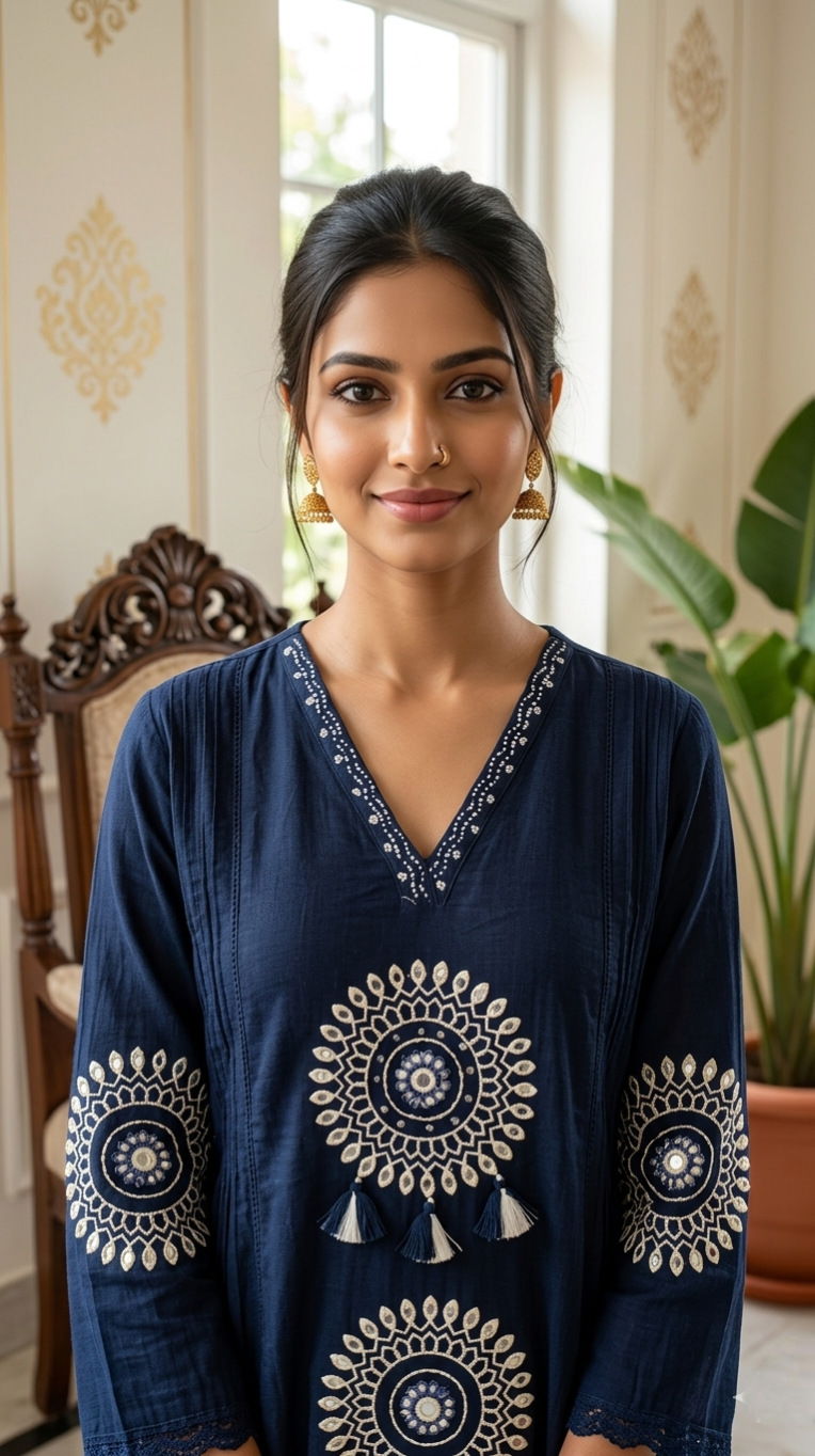 Women Navy Blue Thread Embroidered Mul Cotton Kurta Pant Dupatta Set