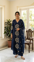 Women Navy Blue Thread Embroidered Mul Cotton Kurta Pant Dupatta Set