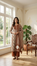 Women Brown Printed With Embroidered Cotton Kurta Pant Dupatta Set