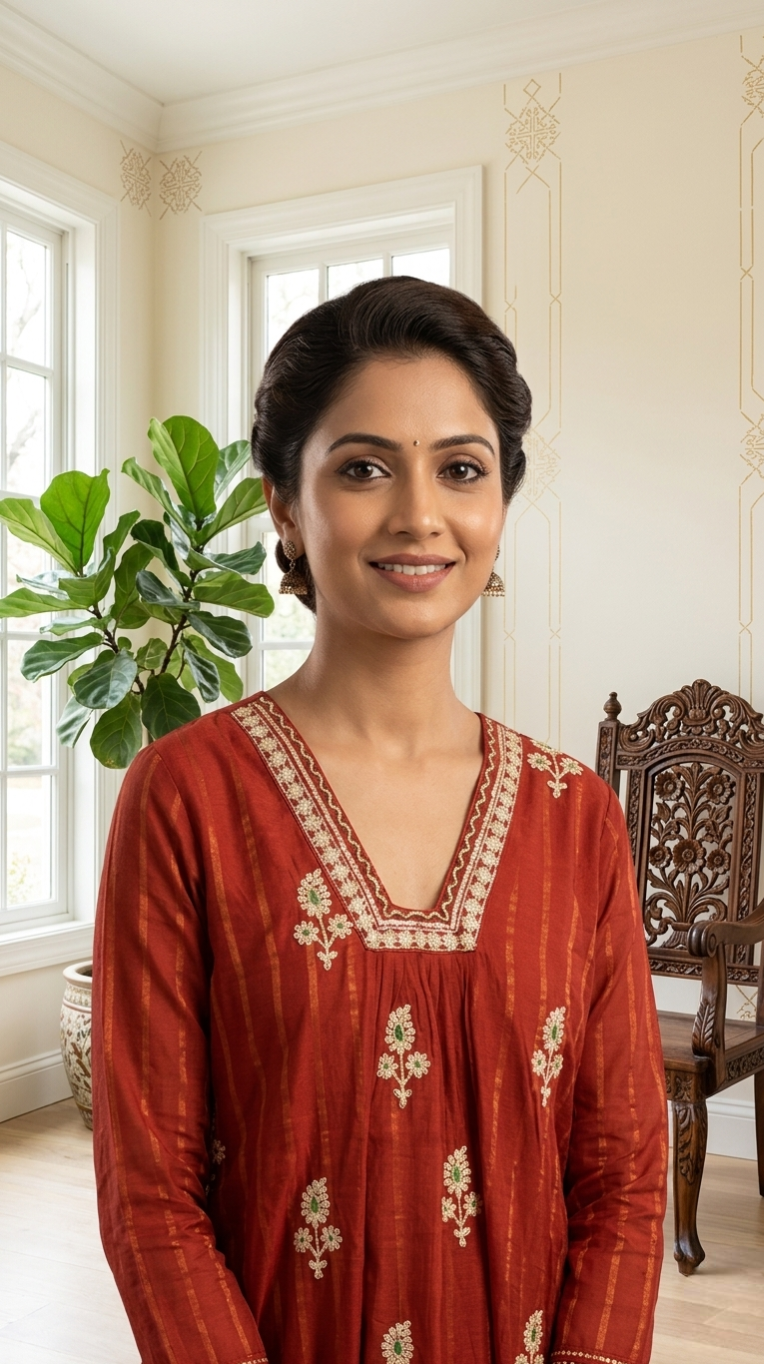 Women Rust Zari Embroidered Silk Kurta Pant Dupatta Set