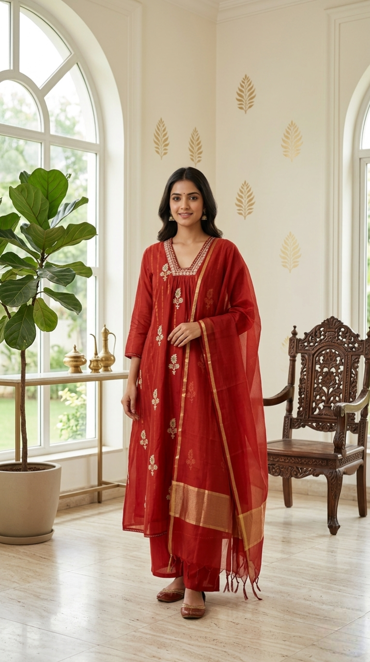 Women Rust Zari Embroidered Silk Kurta Pant Dupatta Set