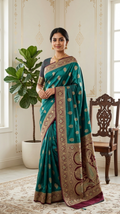 Banarasi Silk Saree | Teal Green Handwoven Zari Buti Saree with Meenakari Paisley Border & Blouse Piece | Indian Wedding & Festival Wear