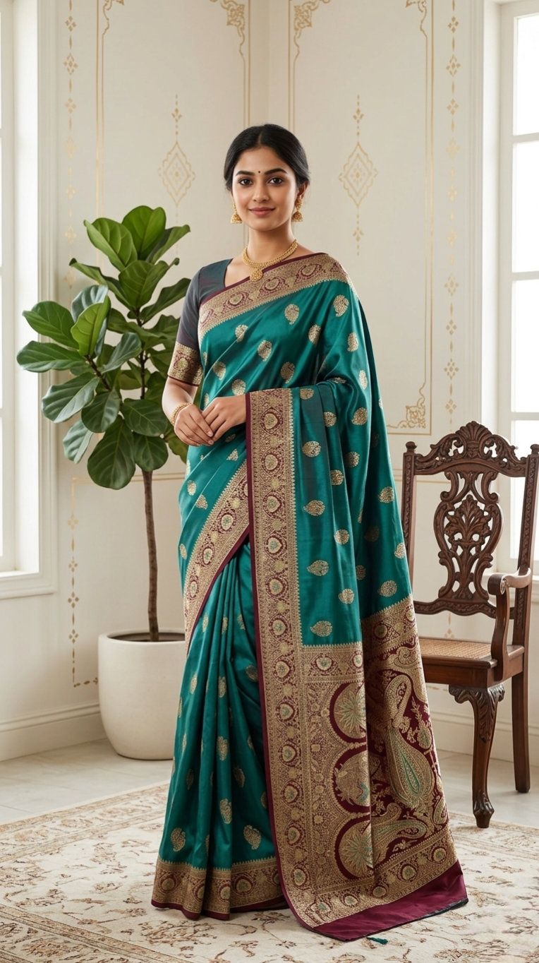 Banarasi Silk Saree | Teal Green Handwoven Zari Buti Saree with Meenakari Paisley Border & Blouse Piece | Indian Wedding & Festival Wear