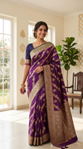 Banarasi Silk Saree | Royal Purple Handwoven Zari Floral Jaal Saree with Meenakari Border & Blouse Piece | Indian Wedding & Festive Wear