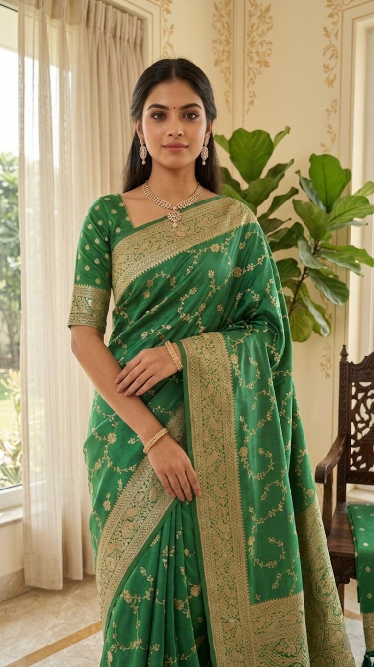 Banarasi Silk Saree | Emerald Green Handwoven Gold Zari Vine Jaal Saree with Meenakari Border, Blouse Piece & Dupatta | Indian Wedding & Festival Wear