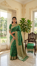 Banarasi Silk Saree | Emerald Green Handwoven Gold Zari Vine Jaal Saree with Meenakari Border, Blouse Piece & Dupatta | Indian Wedding & Festival Wear