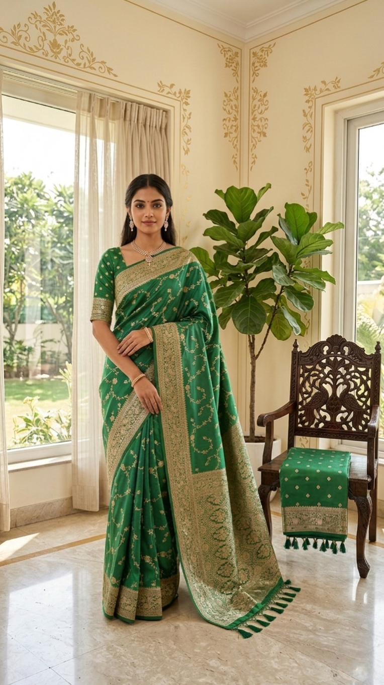 Banarasi Silk Saree | Emerald Green Handwoven Gold Zari Vine Jaal Saree with Meenakari Border, Blouse Piece & Dupatta | Indian Wedding & Festival Wear