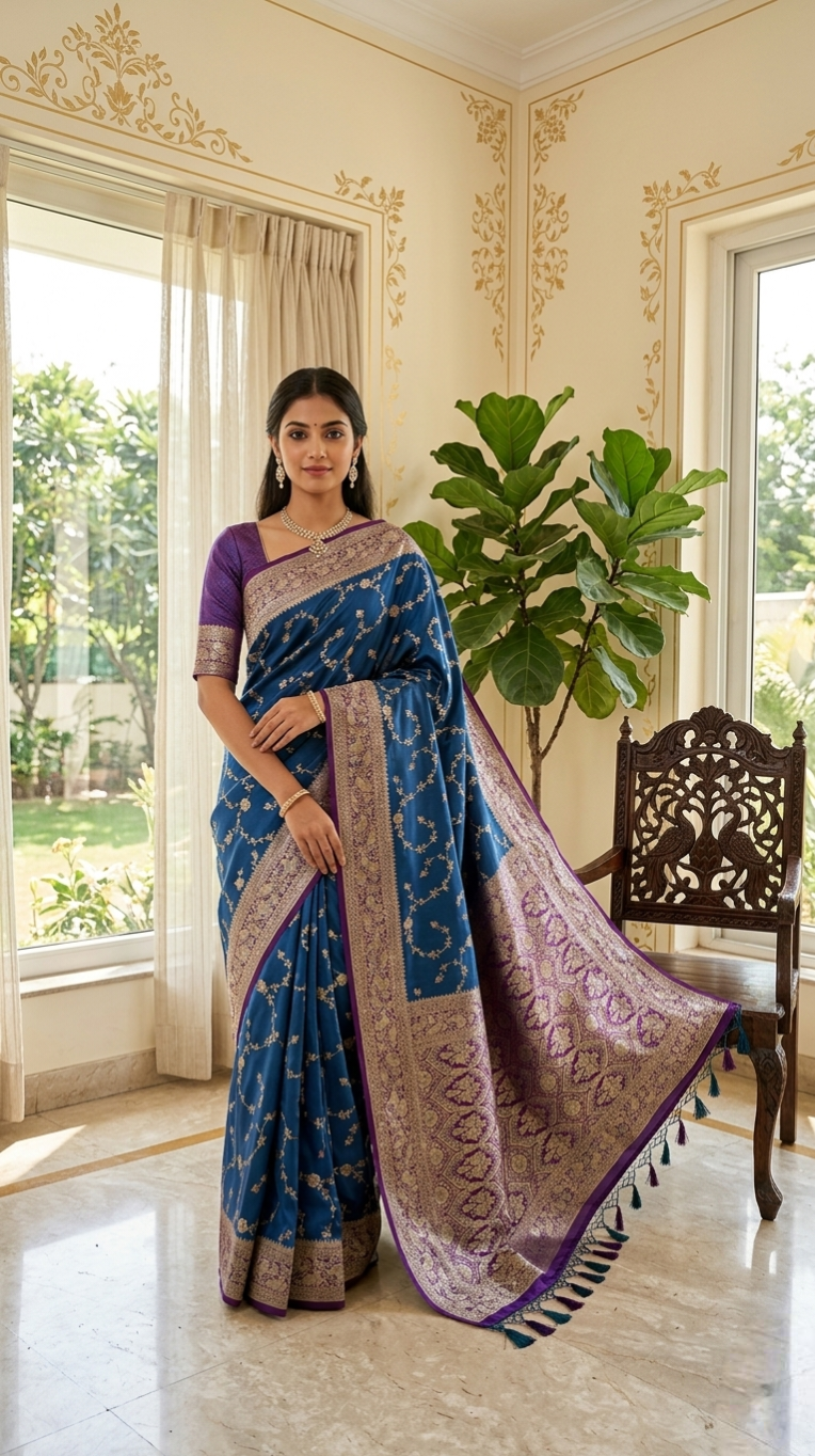 Banarasi Silk Saree | Peacock Blue Handwoven Silver Zari Jaal Saree with Purple Meenakari Pallu & Blouse Piece | Indian Bridal Wedding & Festival Wear