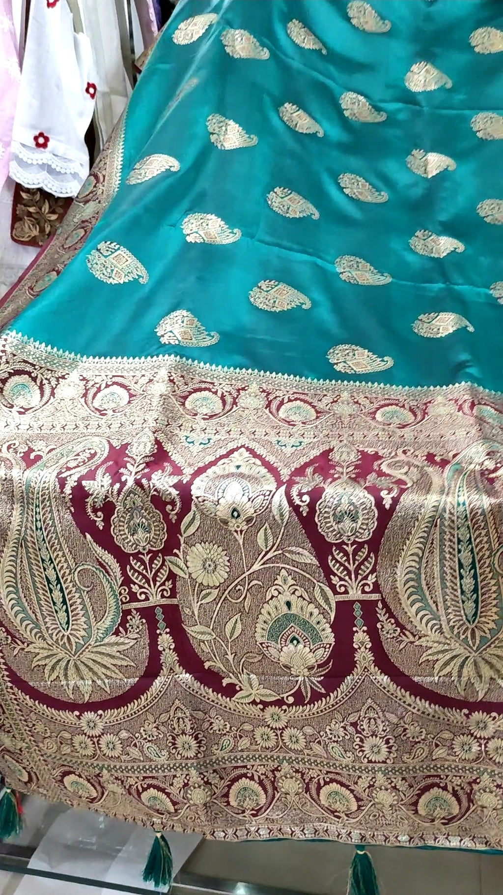Banarasi Silk Saree | Teal Green Handwoven Zari Buti Saree with Meenakari Paisley Border & Blouse Piece | Indian Wedding & Festival Wear