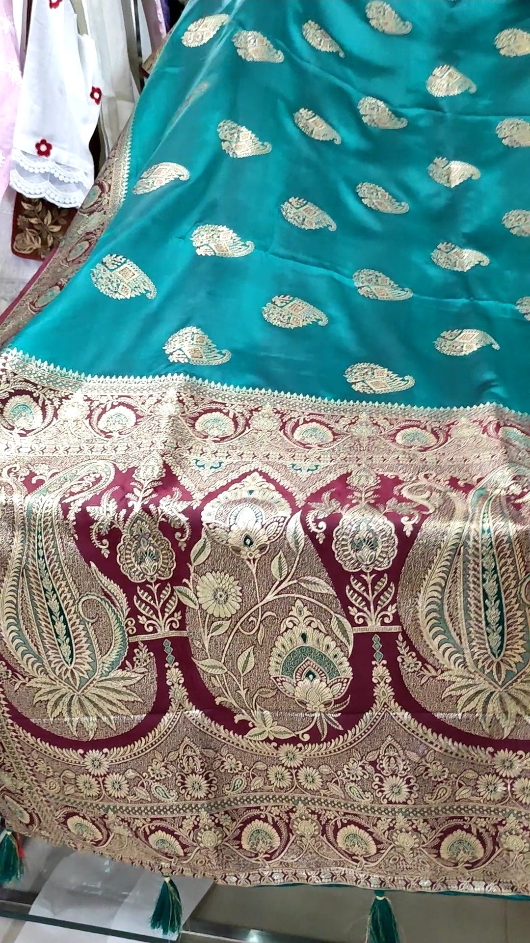 Banarasi Silk Saree | Teal Green Handwoven Zari Buti Saree with Meenakari Paisley Border & Blouse Piece | Indian Wedding & Festival Wear